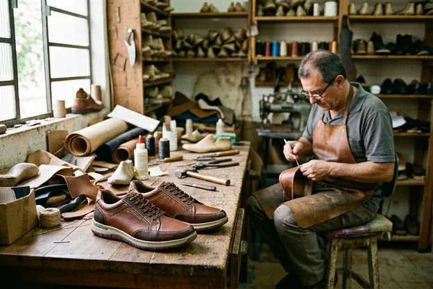 Sapatos modernos expostos em uma oficina de sapateiro em Rio Claro, destacando tendências de moda.